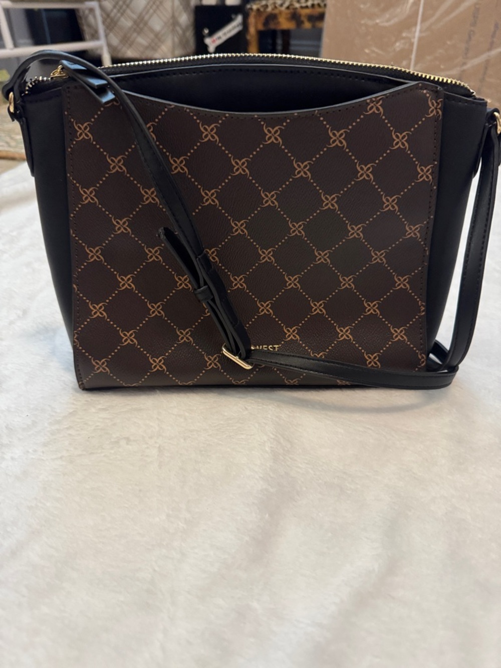 Nine West Logo Crossbody Bag Brown Black NWT Structured Zip Top Purse